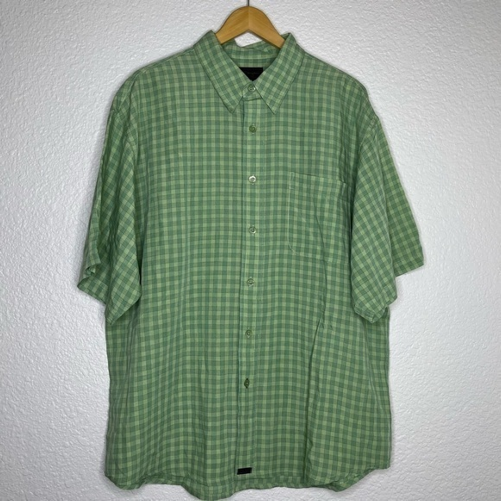 Indigo Palms Tommy Bahama Linen Blend Green Checkered‎ Short Sleeve Button Down